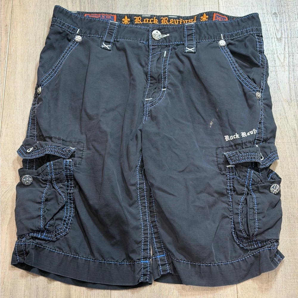 Y2K Rock Revival Mens 34x23 Classic Cargo Shorts Black Ripstop Blue Stitching